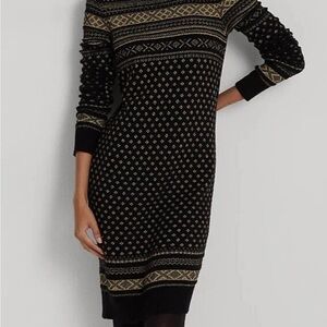 Lauren Ralph Lauren Black and Gold Fair Isle Knit Long-Sleeve Dress XL